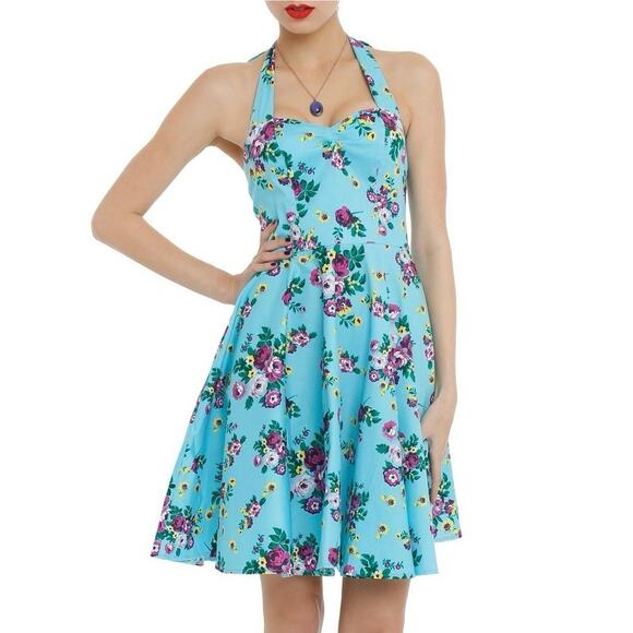 Hell Bunny Vixen Dresses & Skirts - Hell Bunny Vixen Turquoise Floral Halter Dress Size M Pinup Flowy Vacation